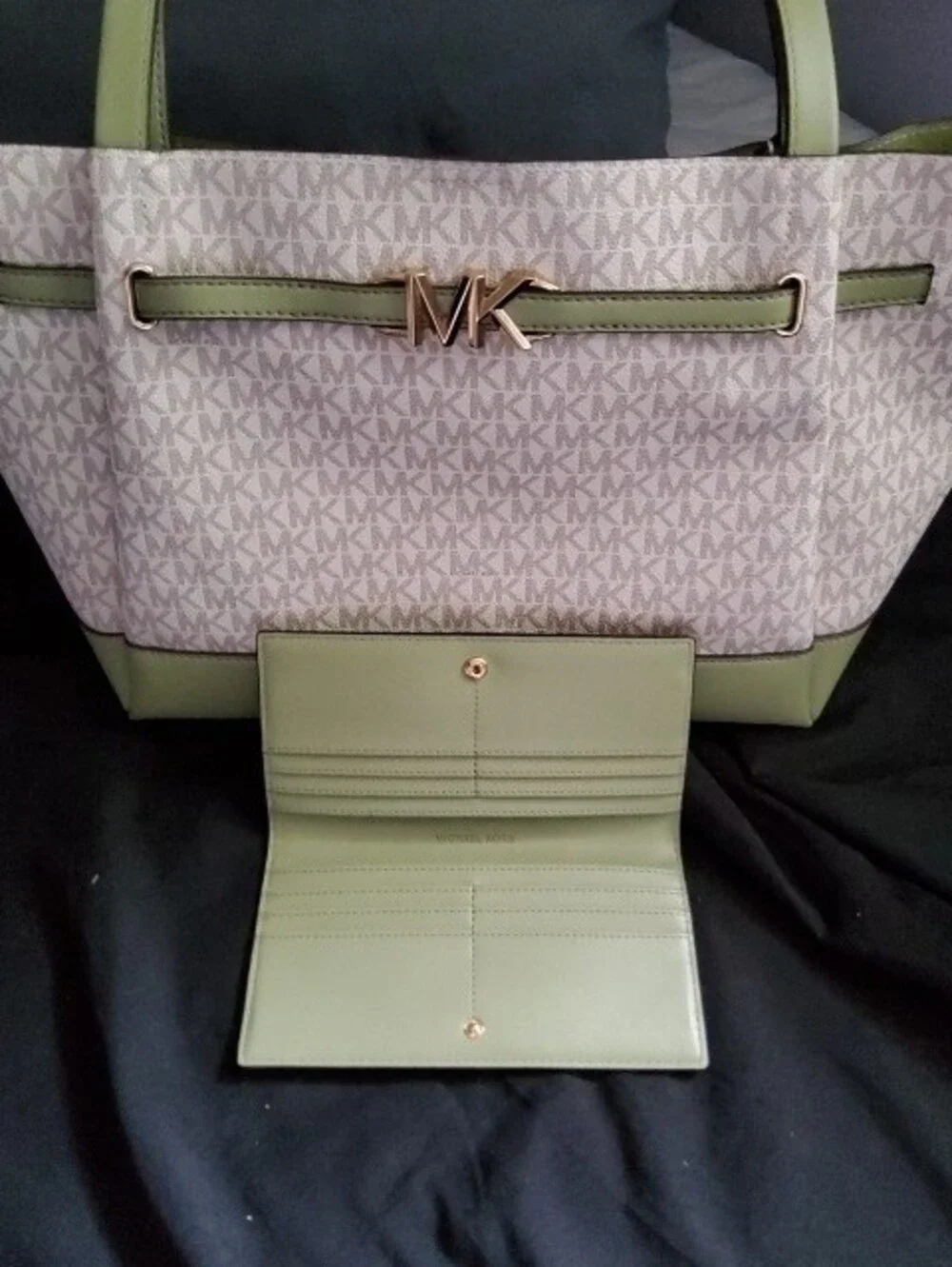 New Michael Kors Beige Logo Tote with Olive Green Trim and Matching Wallet